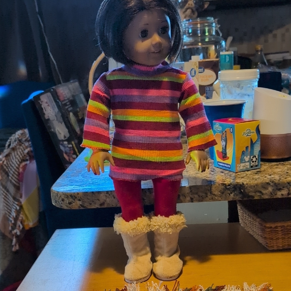 American Girl Doll with Striped Doll Dress with Cream Boots